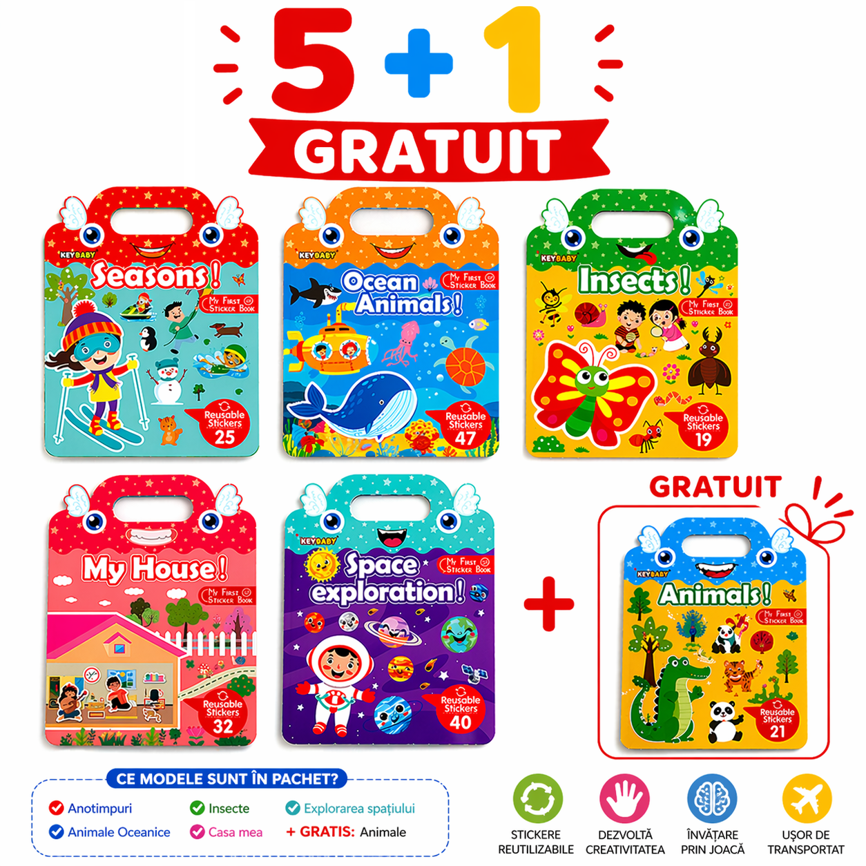 Pachet 2 - 5+1 Gratuit - Carti cu Stickere Reutilizabile