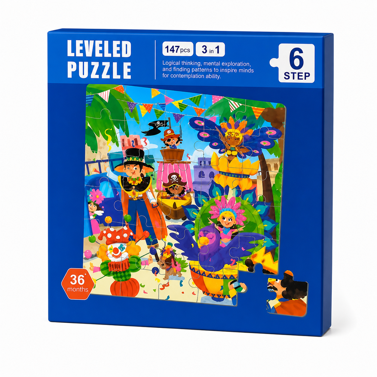 Puzzle educativ cu scena de carnaval si personaje vesele, 147 piese