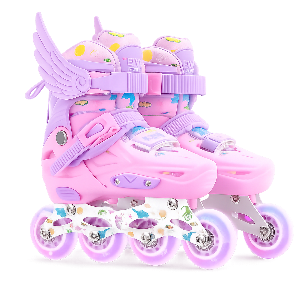 Role copii reglabile 2 in 1 Angel Wings Pink cu casca si protectii ( marime M )