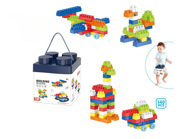 Set 140 de piese de construit pentru copii - multicolore cu cutie de depozitare albastra