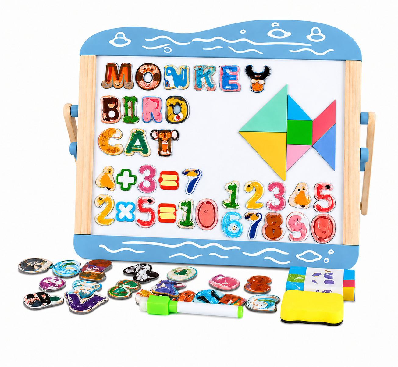 Tabla magnetica educativa albastra cu litere, cifre si tangram