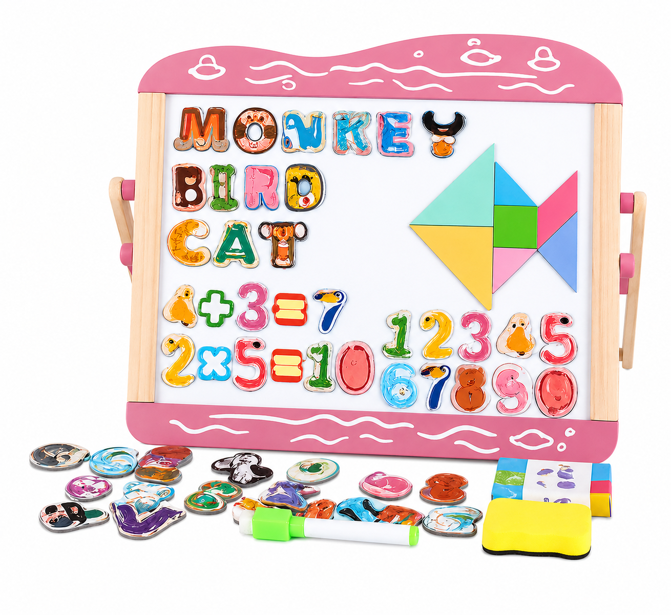 Tabla magnetica educativa roz cu litere, cifre si tangram