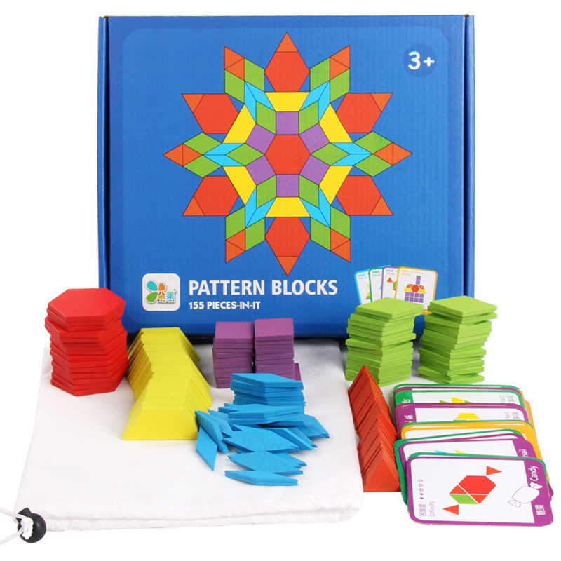Tangram din lemn cu 155 piese colorate - Joc educativ Montessori pentru copii