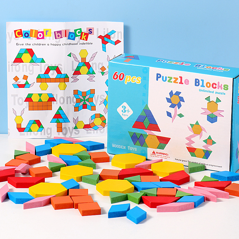 Tangram din lemn cu 60 piese colorate - Joc educativ Montessori pentru copii