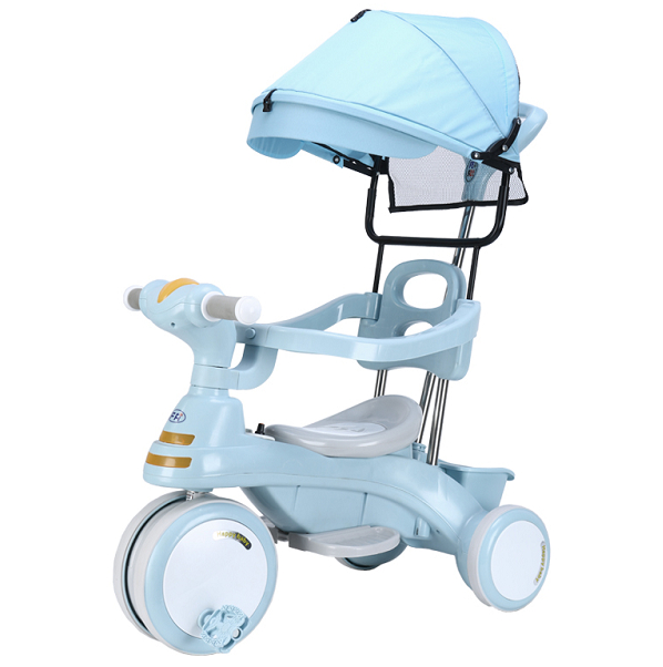 Tricicleta multifunctionala cu maner de impins, lumini, sunete si acoperis - Albastru