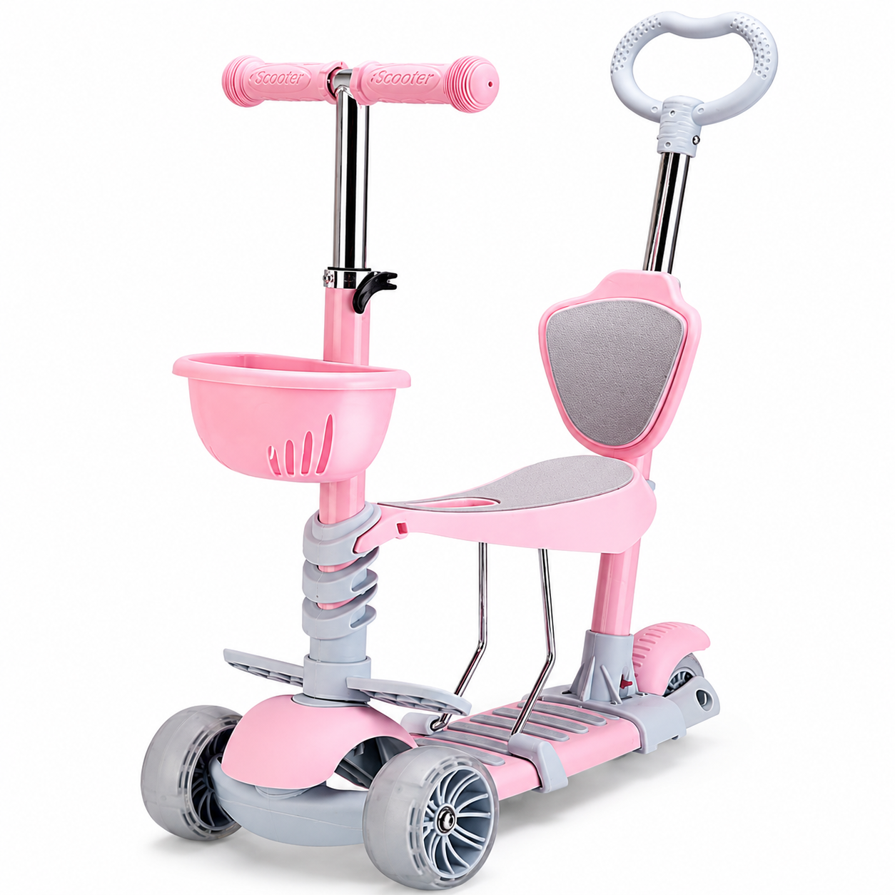 Trotineta pliabila 5 in 1 cu scaun, ghidon reglabil si maner parental - Roz