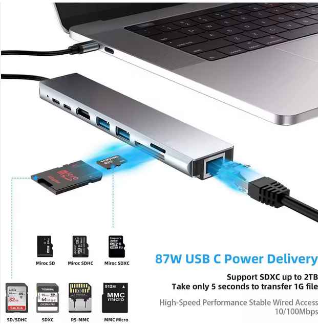 Stație de andocare USB-C 8-în-1 cu HDMI 4K + Ethernet + PD [2]