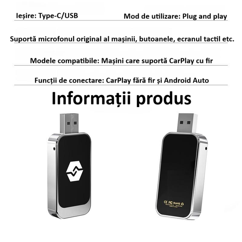 Adaptor wireless CarPlay & Android Auto 2-in-1 Q1BZ , compatibil cu Apple iOS 10+ si Android 11+, WiFi 5GHz, Plug-and-Play, compact si usor, transmisie stabila, conexiune Bluetooth, negru [6]