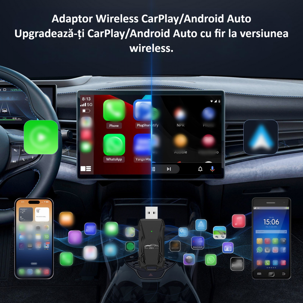 Adaptor Wireless Android Auto si CarPlay 2-in-1 ZYTEQ®️ K83, compatibil cu Apple iOS si Android, Plug-and-Play, WiFi Dual-Band, Bluetooth 5.2, cip A7 Quad-Core, compact, control vocal, transmisie stab [5]