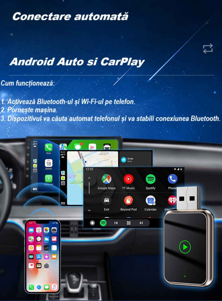 Adaptor wireless CarPlay & Android Auto 2-in-1 Q1J, compatibil cu Apple iOS 10+ si Android 11+, WiFi 5GHz, Plug-and-Play, compact si usor, transmisie stabila, conexiune Bluetooth, negru [8]