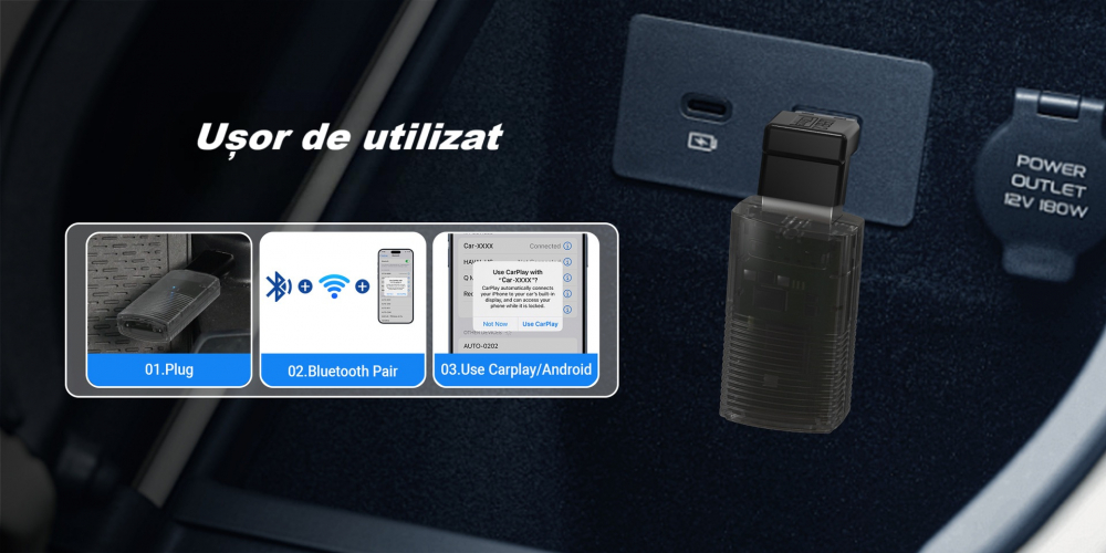 Adaptor wireless CarPlay & Android Auto 2-in-1 CP86, compatibil cu Apple iOS 10+ si Android 11+, WiFi 5GHz, Plug-and-Play, compact si usor, transmisie stabila, conexiune Bluetooth, negru [10]