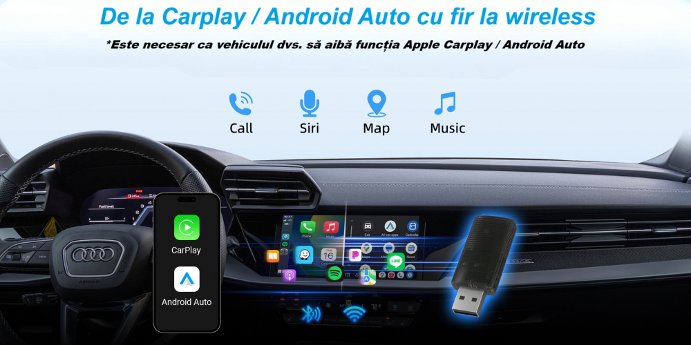 Adaptor wireless CarPlay & Android Auto 2-in-1 CP86, compatibil cu Apple iOS 10+ si Android 11+, WiFi 5GHz, Plug-and-Play, compact si usor, transmisie stabila, conexiune Bluetooth, negru [7]