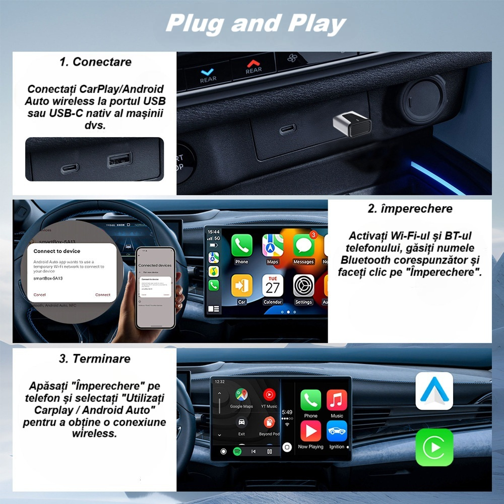 Adaptor wireless CarPlay & Android Auto 2-in-1 KM3, compatibil cu Apple iOS 10+ si Android 11+, WiFi 5GHz, Plug-and-Play, compact si usor, transmisie stabila, conexiune Bluetooth, negru [16]