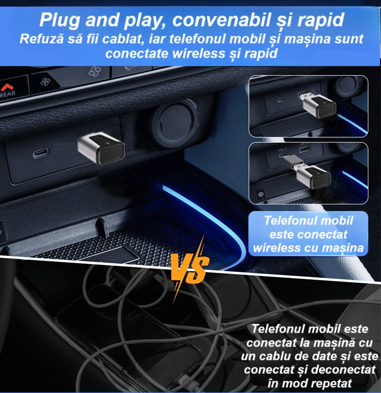 Adaptor wireless CarPlay & Android Auto 2-in-1 KM3, compatibil cu Apple iOS 10+ si Android 11+, WiFi 5GHz, Plug-and-Play, compact si usor, transmisie stabila, conexiune Bluetooth, negru [9]