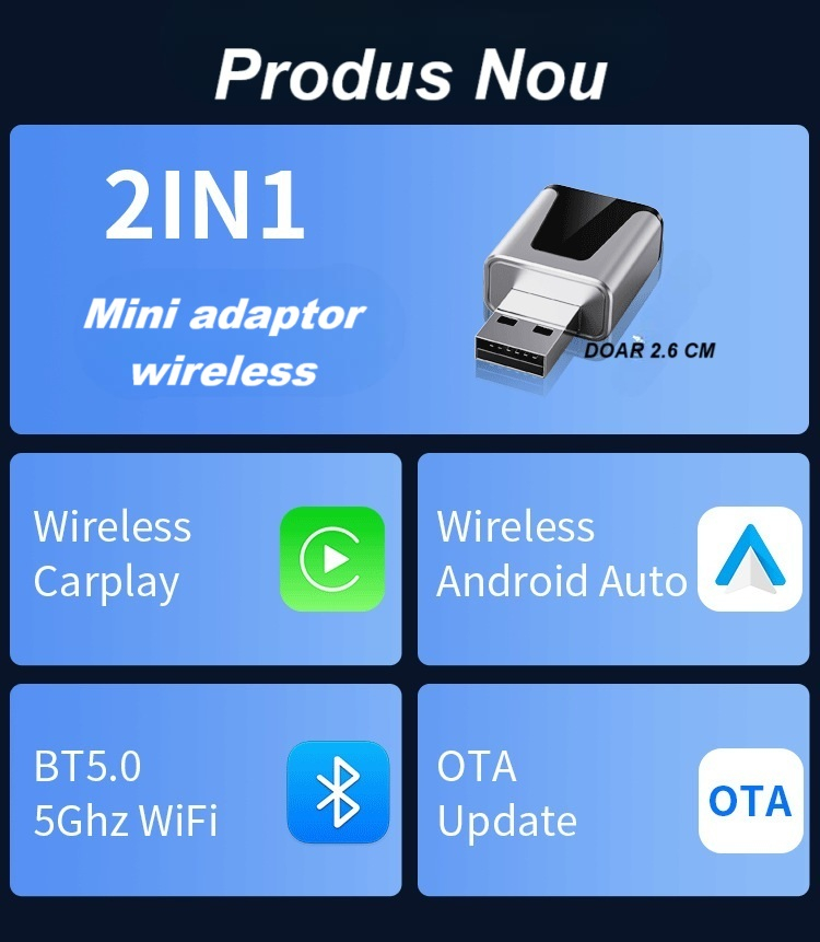 Adaptor wireless CarPlay & Android Auto 2-in-1 KM3, compatibil cu Apple iOS 10+ si Android 11+, WiFi 5GHz, Plug-and-Play, compact si usor, transmisie stabila, conexiune Bluetooth, negru [5]