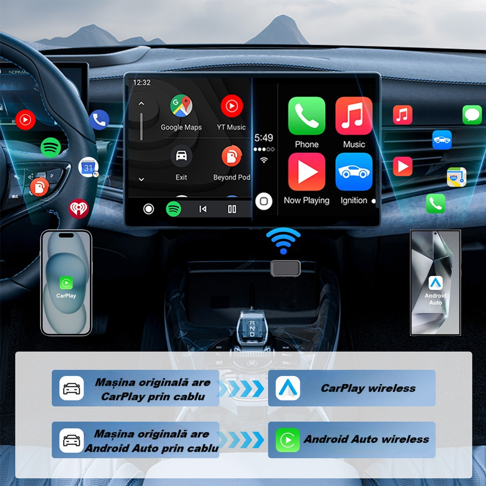Adaptor wireless CarPlay & Android Auto 2-in-1 KM3, compatibil cu Apple iOS 10+ si Android 11+, WiFi 5GHz, Plug-and-Play, compact si usor, transmisie stabila, conexiune Bluetooth, negru [18]