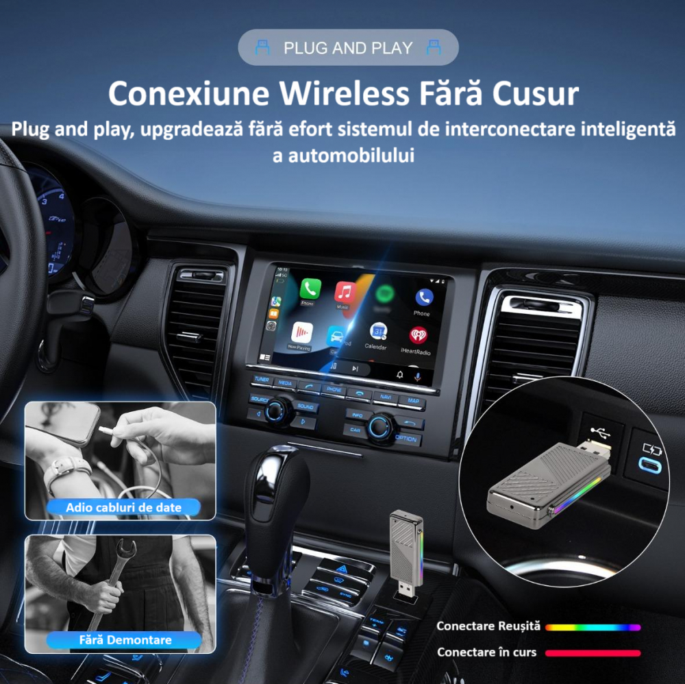 Adaptor wireless CarPlay & Android Auto 2-in-1 H2N1, compatibil cu Apple iOS 10+ si Android 11+, WiFi 5GHz, Plug-and-Play, compact si usor, transmisie stabila, conexiune Bluetooth, gri [5]