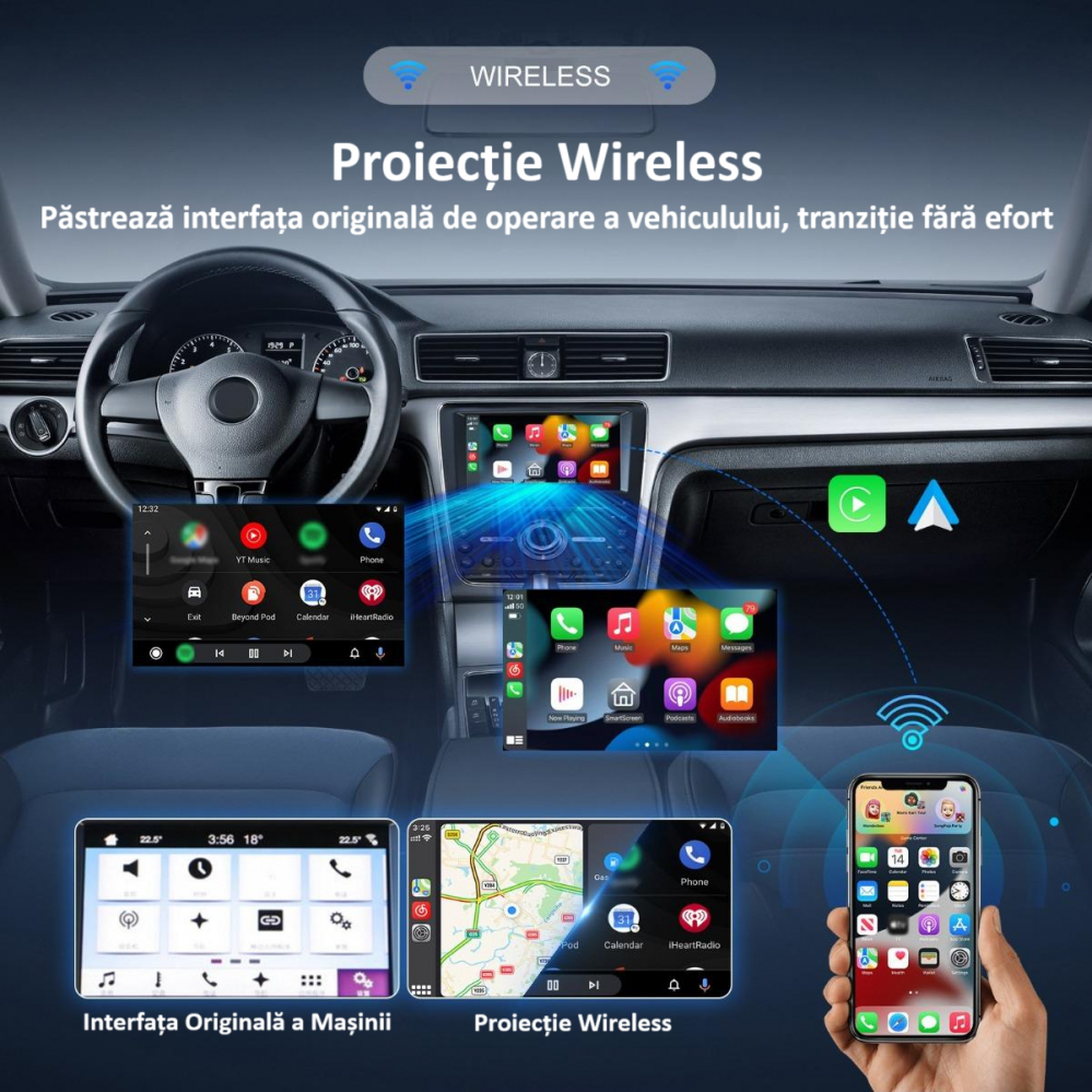Adaptor wireless CarPlay & Android Auto 2-in-1 H2N1, compatibil cu Apple iOS 10+ si Android 11+, WiFi 5GHz, Plug-and-Play, compact si usor, transmisie stabila, conexiune Bluetooth, gri [3]