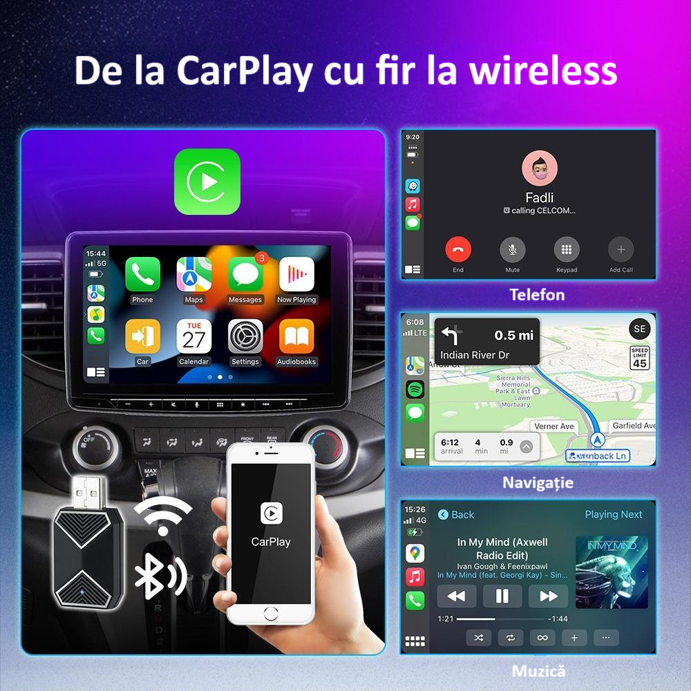Adaptor wireless CarPlay & Android Auto 2-in-1 C11, compatibil cu Apple iOS 10+ si Android 11+, WiFi 5GHz, Plug-and-Play, compact si usor, transmisie stabila, conexiune Bluetooth, negru [9]