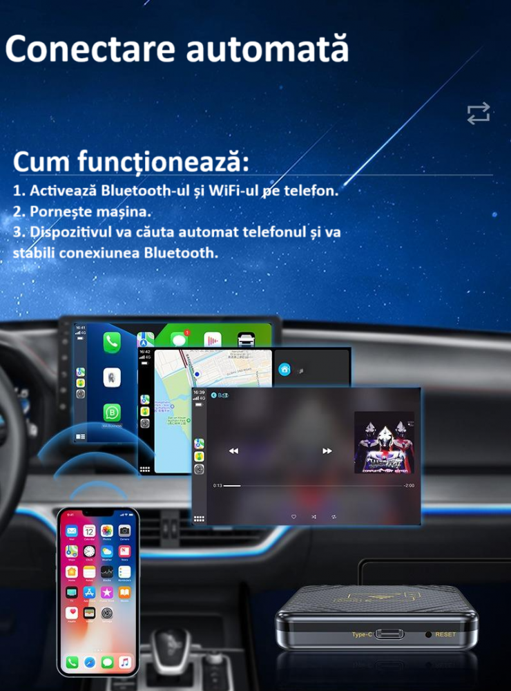 Adaptor wireless CarPlay & Android Auto 2-in-1 Q1, compatibil cu Apple iOS 10+ si Android 11+, WiFi 5GHz, Plug-and-Play, compact si usor, transmisie stabila, conexiune Bluetooth, gri [18]