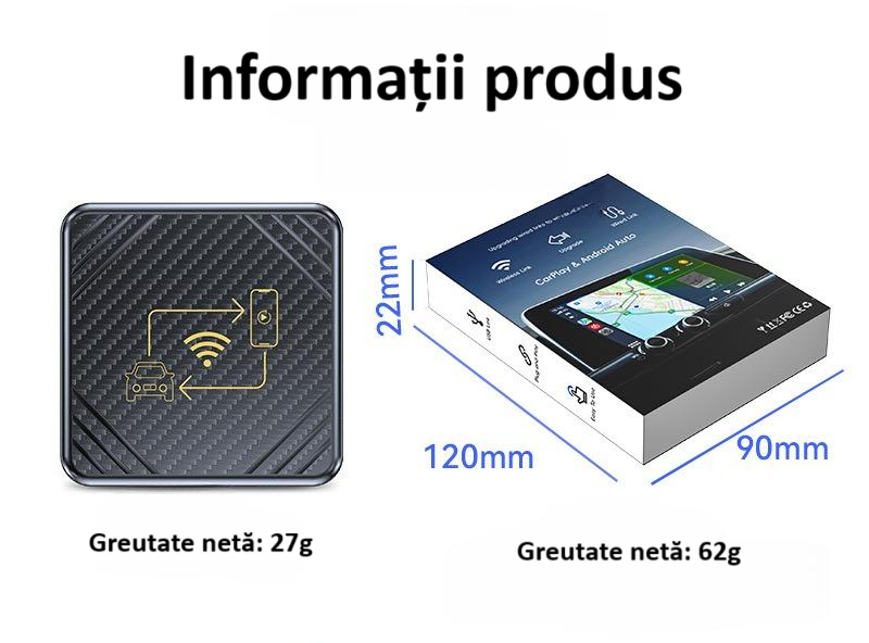 Adaptor wireless CarPlay & Android Auto 2-in-1 Q1, compatibil cu Apple iOS 10+ si Android 11+, WiFi 5GHz, Plug-and-Play, compact si usor, transmisie stabila, conexiune Bluetooth, gri [19]