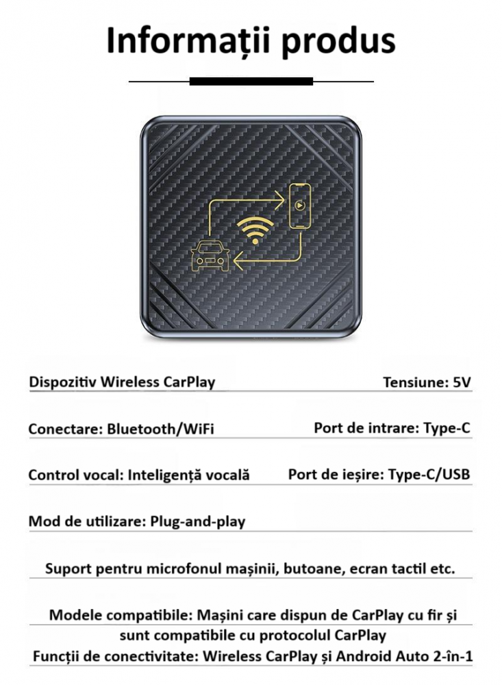 Adaptor wireless CarPlay & Android Auto 2-in-1 Q1, compatibil cu Apple iOS 10+ si Android 11+, WiFi 5GHz, Plug-and-Play, compact si usor, transmisie stabila, conexiune Bluetooth, gri [6]
