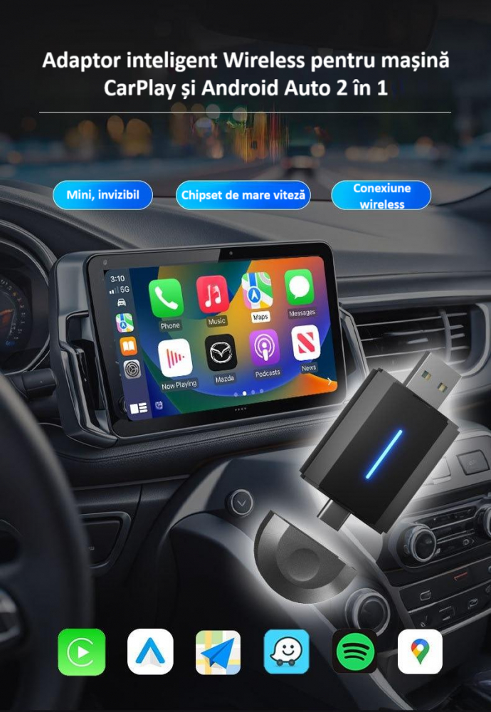 Adaptor wireless CarPlay & Android Auto 2-in-1 PL6, compatibil cu Apple iOS 10+ si Android 11+, WiFi 5GHz, Plug-and-Play, compact si usor, transmisie stabila, conexiune Bluetooth, negru [3]