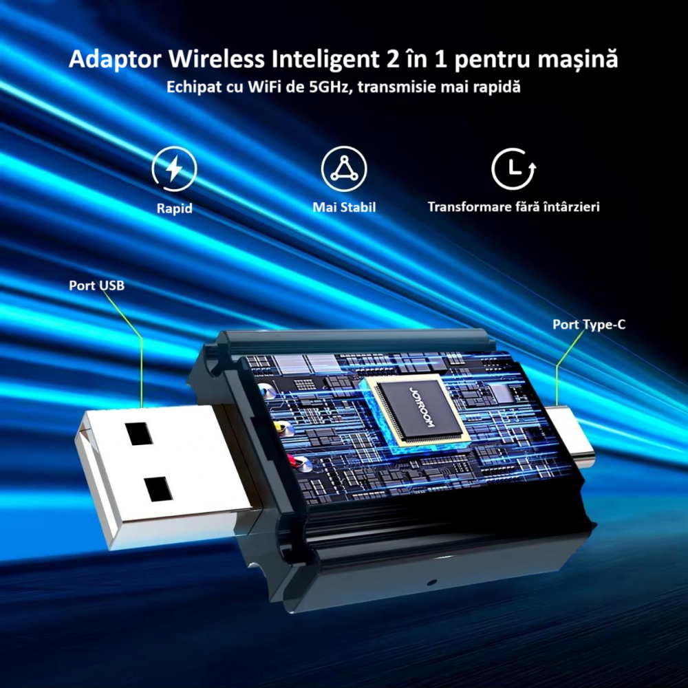 Adaptor wireless CarPlay & Android Auto 2-in-1 PL6, compatibil cu Apple iOS 10+ si Android 11+, WiFi 5GHz, Plug-and-Play, compact si usor, transmisie stabila, conexiune Bluetooth, negru [21]