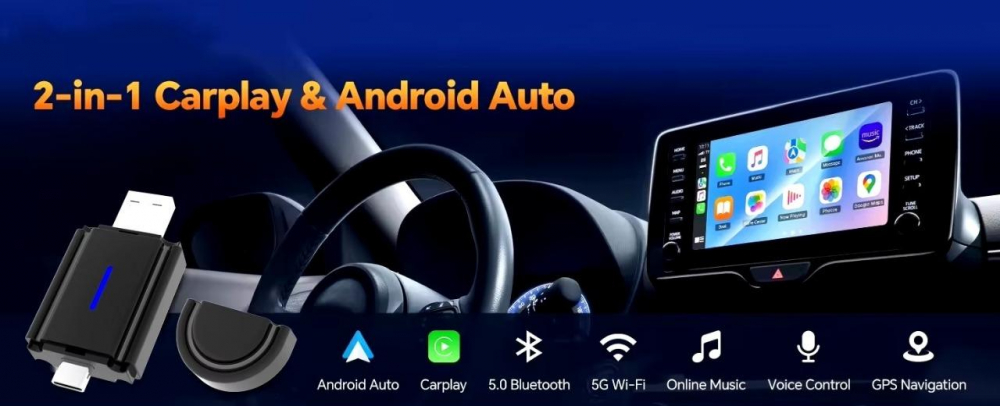 Adaptor wireless CarPlay & Android Auto 2-in-1 PL6, compatibil cu Apple iOS 10+ si Android 11+, WiFi 5GHz, Plug-and-Play, compact si usor, transmisie stabila, conexiune Bluetooth, negru [20]