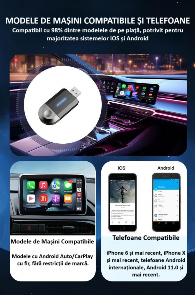 Adaptor wireless CarPlay & Android Auto 2-in-1 PL6, compatibil cu Apple iOS 10+ si Android 11+, WiFi 5GHz, Plug-and-Play, compact si usor, transmisie stabila, conexiune Bluetooth, negru [10]