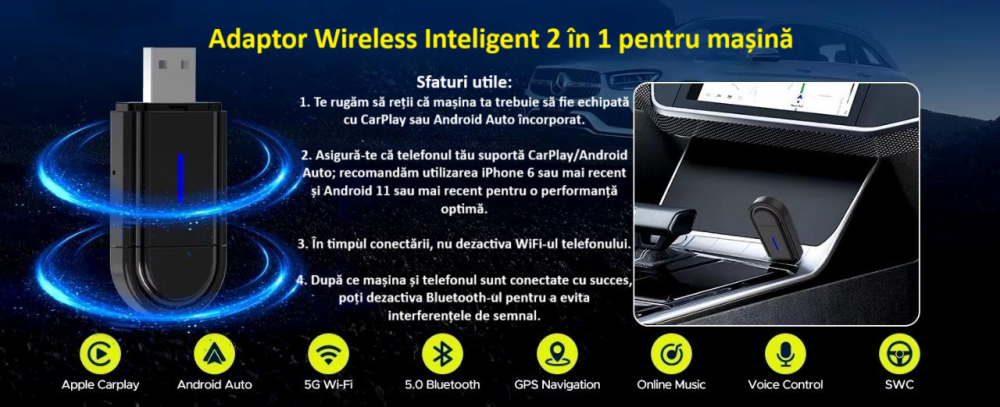 Adaptor wireless CarPlay & Android Auto 2-in-1 PL6, compatibil cu Apple iOS 10+ si Android 11+, WiFi 5GHz, Plug-and-Play, compact si usor, transmisie stabila, conexiune Bluetooth, negru [19]