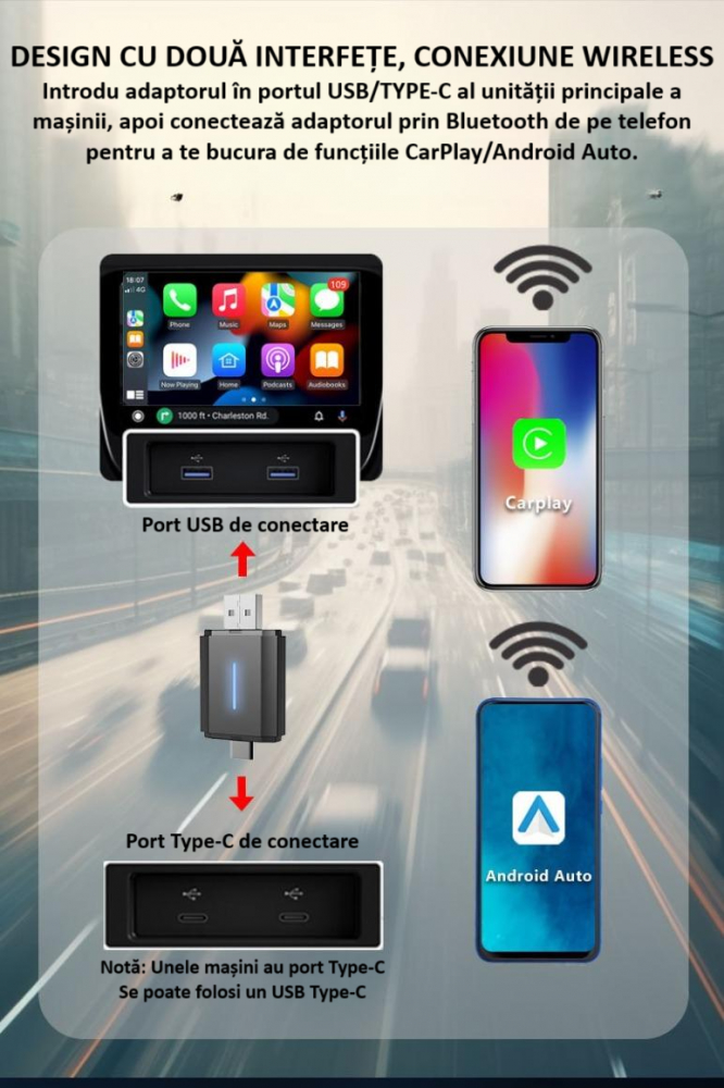 Adaptor wireless CarPlay & Android Auto 2-in-1 PL6, compatibil cu Apple iOS 10+ si Android 11+, WiFi 5GHz, Plug-and-Play, compact si usor, transmisie stabila, conexiune Bluetooth, negru [9]