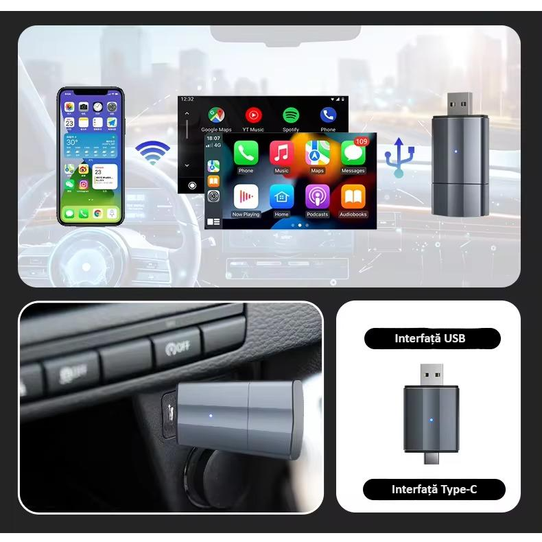 Adaptor wireless CarPlay & Android Auto 2-in-1 PL2, compatibil cu Apple iOS 10+ si Android 11+, WiFi 5GHz, Plug-and-Play, compact si usor, transmisie stabila, conexiune Bluetooth, gri [7]