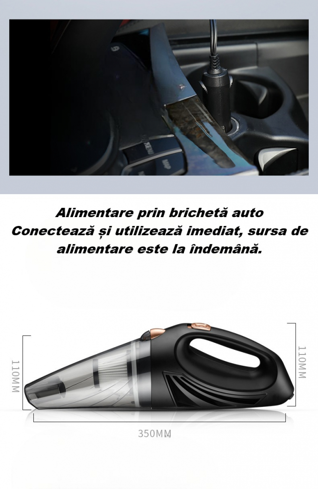 Aspirator auto portabil, functie de aspirare umeda si uscata, filtru HEPA, 30.000 rot/min, 3500Pa, putere 90W, accesorii incluse, capacitate recipient praf 0.5L, negru [11]