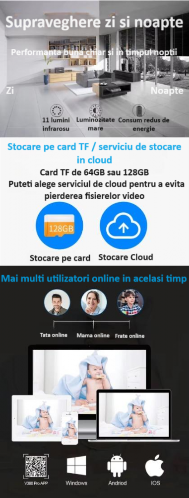 Baby monitor, wireless, monitorizare video audio bebelusi, vedere nocturna avansata, audio-video, sunet bidirectional clar, panoramare si inclinare, stocare card TF sau cloud, senzor de miscare, alb [11]
