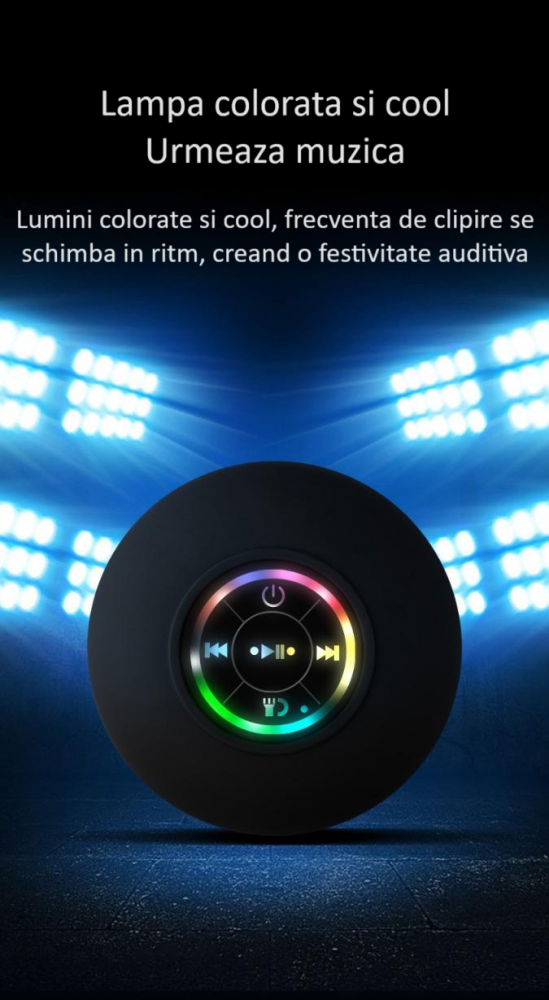 Boxa portabila ZYTEQ®️, difuzor Bluetooth cu LED, wireless, impermeabila, cu ventuza pentru baie, rezistenta la apa IPX4, Bluetooth 5.0, neagra [8]