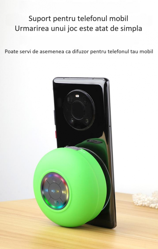 Boxa portabila ZYTEQ®️, difuzor Bluetooth cu LED, wireless, impermeabila, cu ventuza pentru baie, rezistenta la apa IPX4, Bluetooth 5.0, neagra [13]
