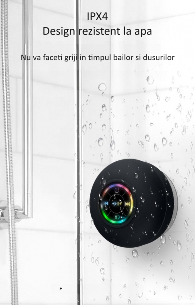 Boxa portabila ZYTEQ®️, difuzor Bluetooth cu LED, wireless, impermeabila, cu ventuza pentru baie, rezistenta la apa IPX4, Bluetooth 5.0, neagra [12]