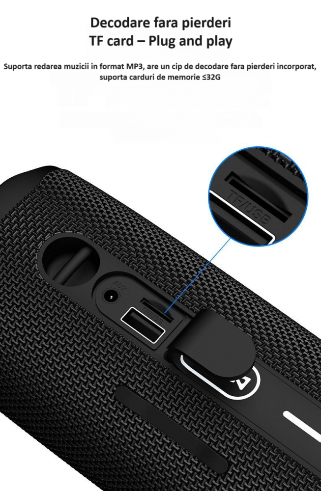 Boxa portabila Bluetooth, Wireless, cu rezistenta la apa, fara fir, sunet puternic si clar, design modern, hands-free, suport radio FM, USB/SD/TF card, Aux-in, compatibilitate universala, neagra [8]