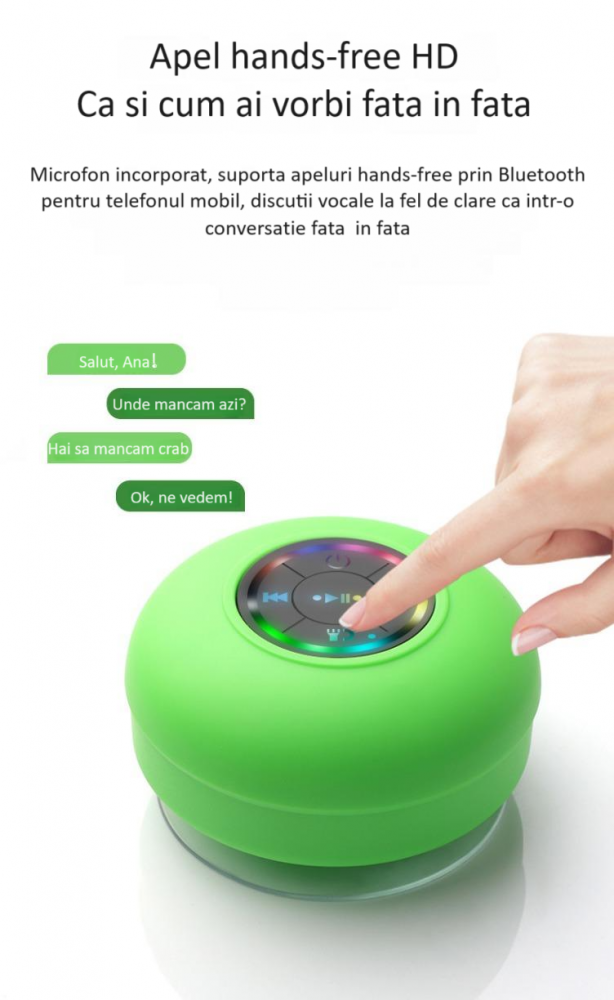 Boxa portabila ZYTEQ®️, difuzor Bluetooth cu LED, wireless, impermeabila, cu ventuza pentru baie, rezistenta la apa IPX4, Bluetooth 5.0, neagra [11]