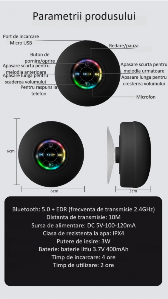 Boxa portabila ZYTEQ®️, difuzor Bluetooth cu LED, wireless, impermeabila, cu ventuza pentru baie, rezistenta la apa IPX4, Bluetooth 5.0, neagra [15]