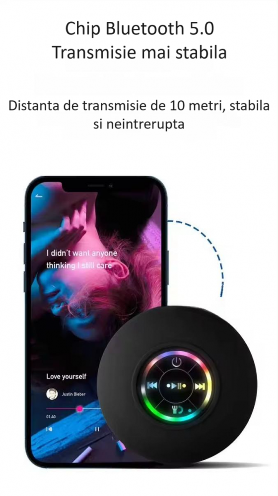 Boxa portabila ZYTEQ®️, difuzor Bluetooth cu LED, wireless, impermeabila, cu ventuza pentru baie, rezistenta la apa IPX4, Bluetooth 5.0, neagra [4]