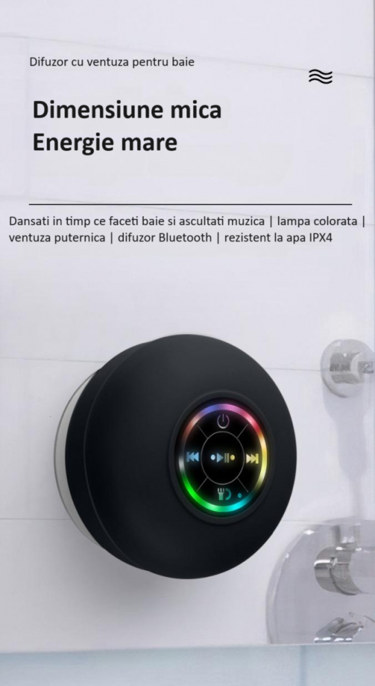 Boxa portabila ZYTEQ®️, difuzor Bluetooth cu LED, wireless, impermeabila, cu ventuza pentru baie, rezistenta la apa IPX4, Bluetooth 5.0, neagra [6]