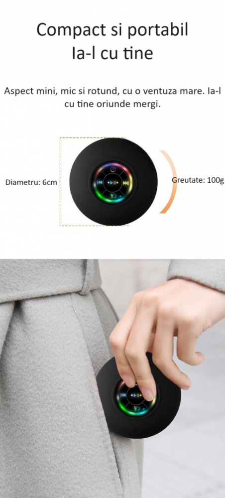 Boxa portabila ZYTEQ®️, difuzor Bluetooth cu LED, wireless, impermeabila, cu ventuza pentru baie, rezistenta la apa IPX4, Bluetooth 5.0, neagra [14]