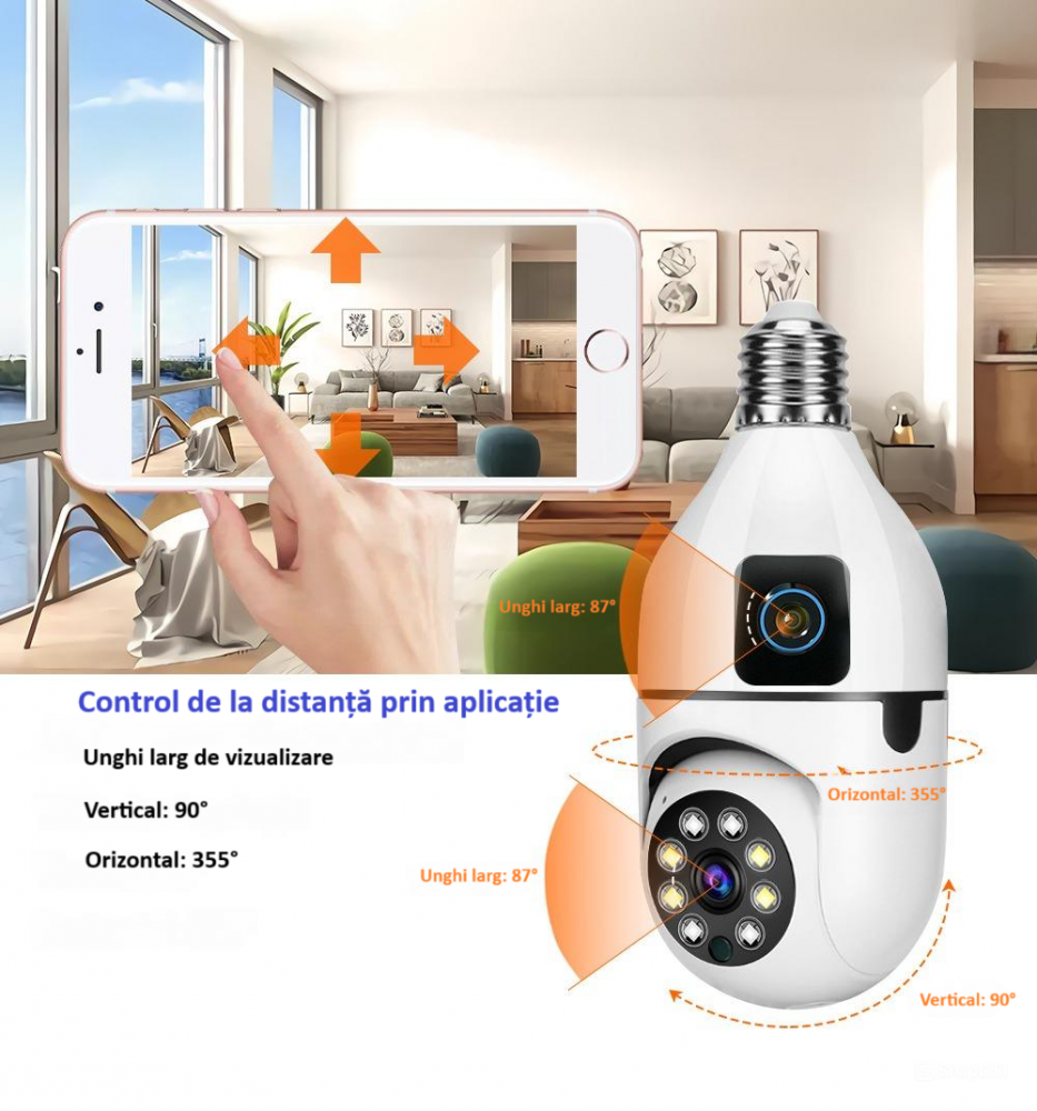 Camera de supraveghere duala Full HD 1080P, WiFi bulb PTZ dual-lens, panoramica, wireless, E27, rotatie 360°, senzor de miscare, leduri, lumina, infrarosu, aplicatie telefon, viziune nocturna, alba [8]
