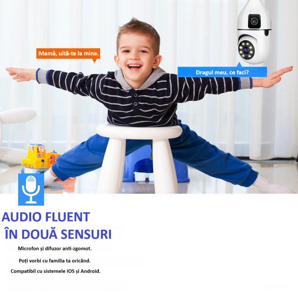 Camera de supraveghere duala Full HD 1080P, WiFi bulb PTZ dual-lens, panoramica, wireless, E27, rotatie 360°, senzor de miscare, leduri, lumina, infrarosu, aplicatie telefon, viziune nocturna, alba [10]