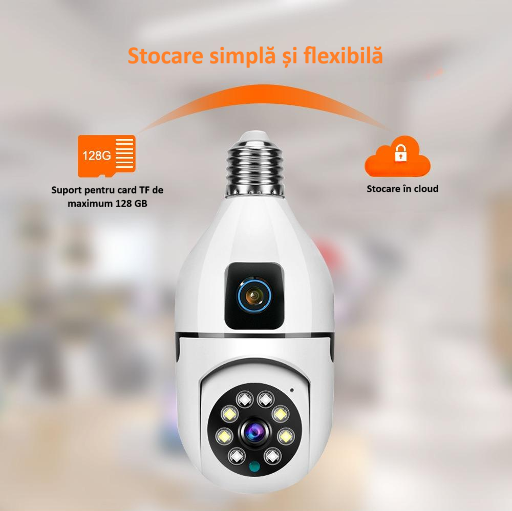 Camera de supraveghere duala Full HD 1080P, WiFi bulb PTZ dual-lens, panoramica, wireless, E27, rotatie 360°, senzor de miscare, leduri, lumina, infrarosu, aplicatie telefon, viziune nocturna, alba [7]