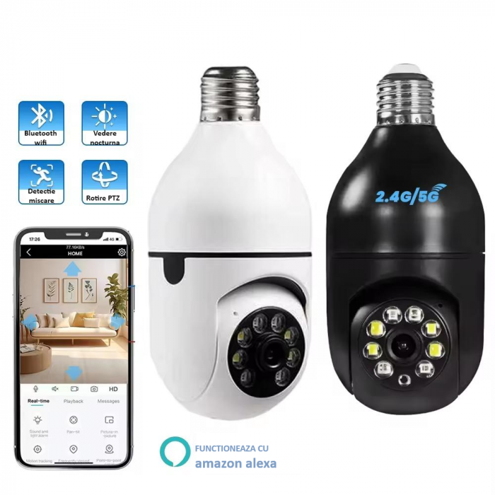 Camera de supraveghere Full HD 1080P 2.4G/5G WiFi PTZ E27, wireless, 4x zoom digital, rotatie 360°, senzor de miscare, aplicatie telefon, viziune nocturna, comunicare bidirectionala, neagra [2]