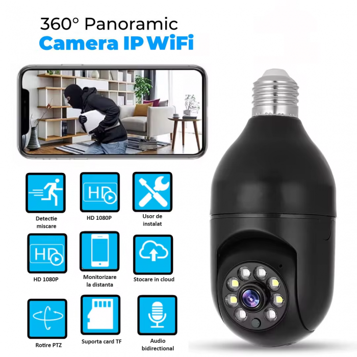 Camera de supraveghere Full HD 1080P 2.4G/5G WiFi PTZ E27, wireless, 4x zoom digital, rotatie 360°, senzor de miscare, aplicatie telefon, viziune nocturna, comunicare bidirectionala, neagra [4]