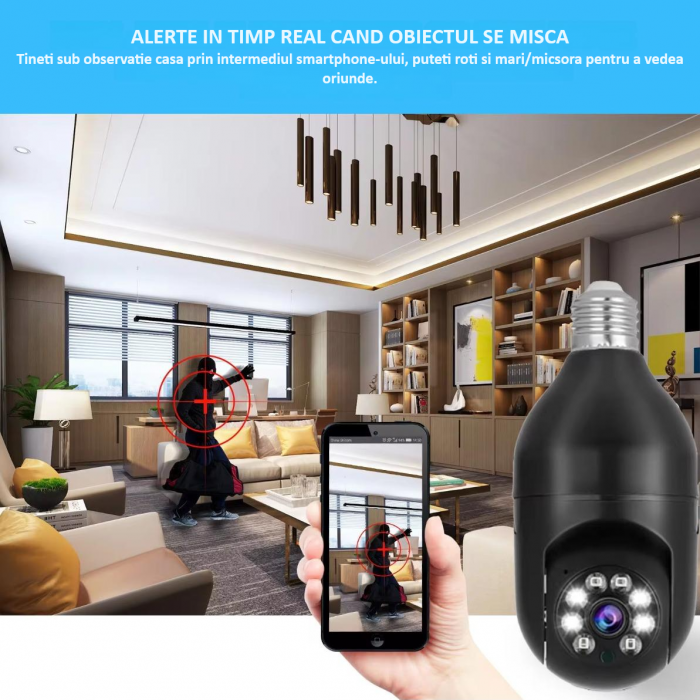 Camera de supraveghere Full HD 1080P 2.4G/5G WiFi PTZ E27, wireless, 4x zoom digital, rotatie 360°, senzor de miscare, aplicatie telefon, viziune nocturna, comunicare bidirectionala, neagra [7]